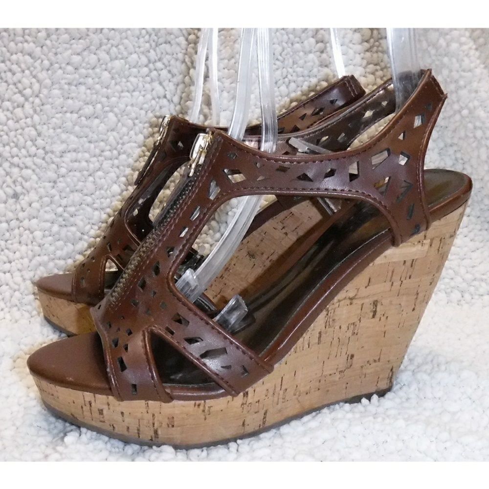 Carlos Santana brown cork wedge sandals